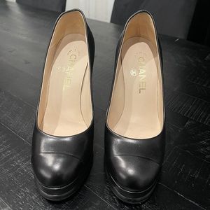 CHANEL Lambskin Platform Cap Toe Pumps 37 Black